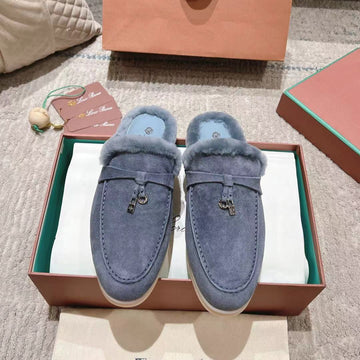 Lp Charms Walk Babouche Loafer Pigeon Blue Suede With Rabbit Fur Lining 206238