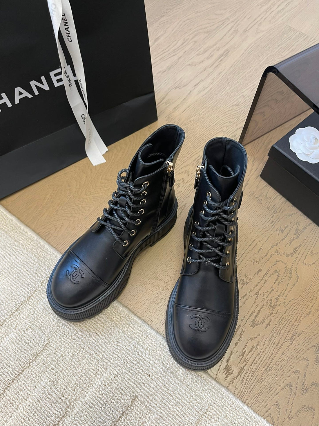 Chanel 2025 Lace-Up Ankle Boot Black Calfskin 963004