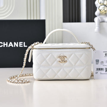 CC 25C Vanity Top Handle 17CM White Grained Calfskin Light Gold Hardware