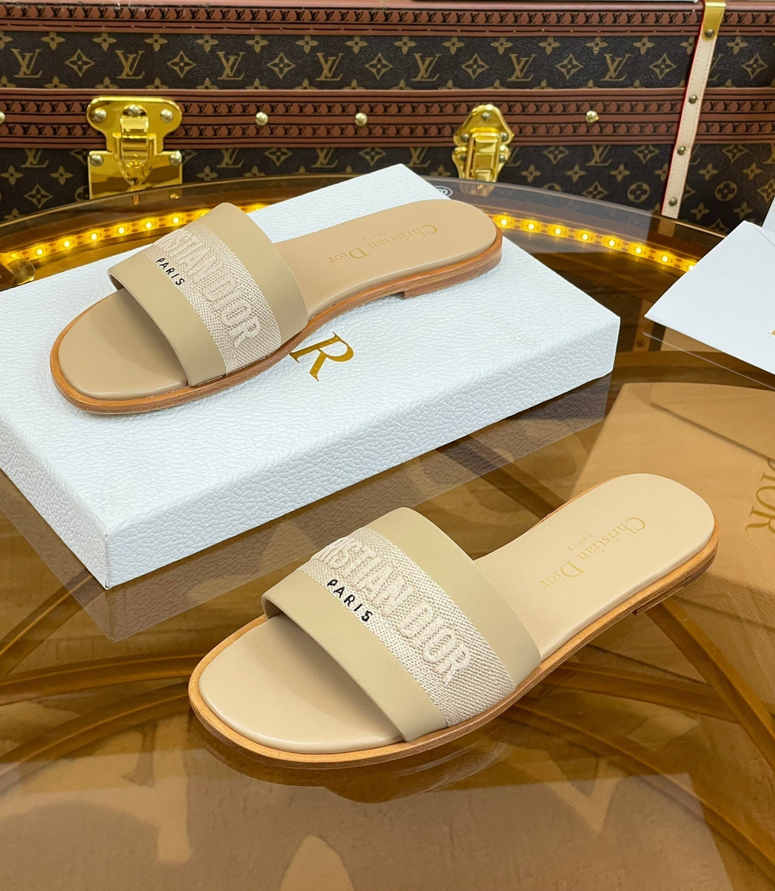 CD Slide Beige Calfskin Embroidered Cotton