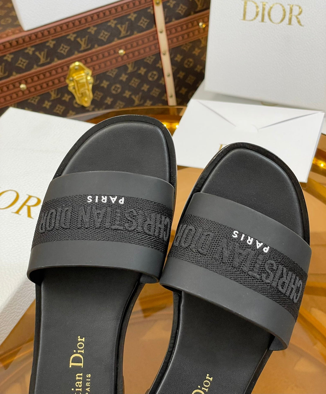 CD Slide Black Calfskin Embroidered Cotton