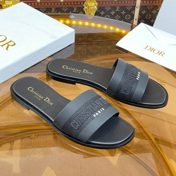 CD Slide Black Calfskin Embroidered Cotton