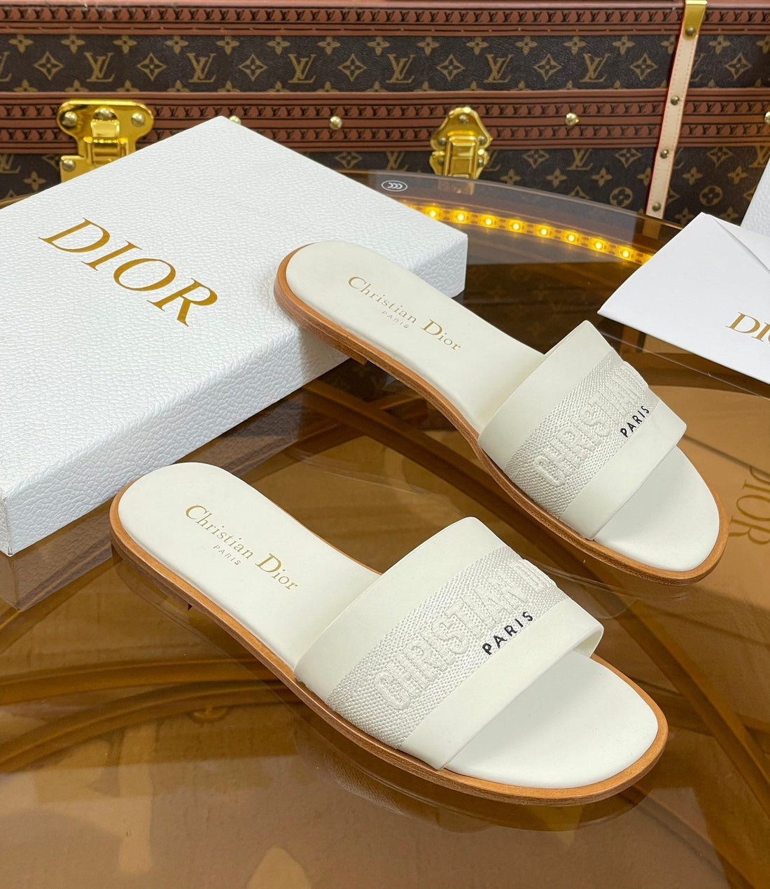 CD Slide White Calfskin Embroidered Cotton
