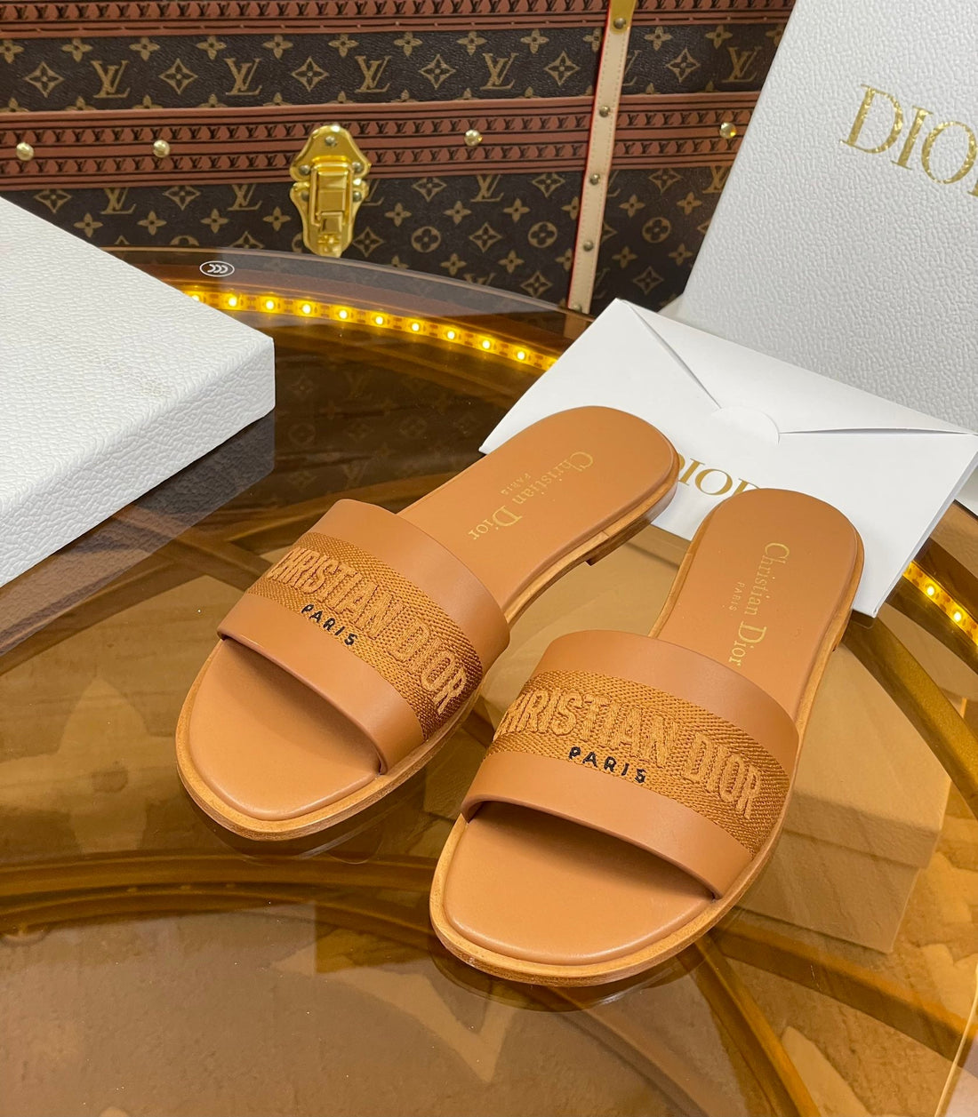 CD Slide Camel Calfskin Embroidered Cotton