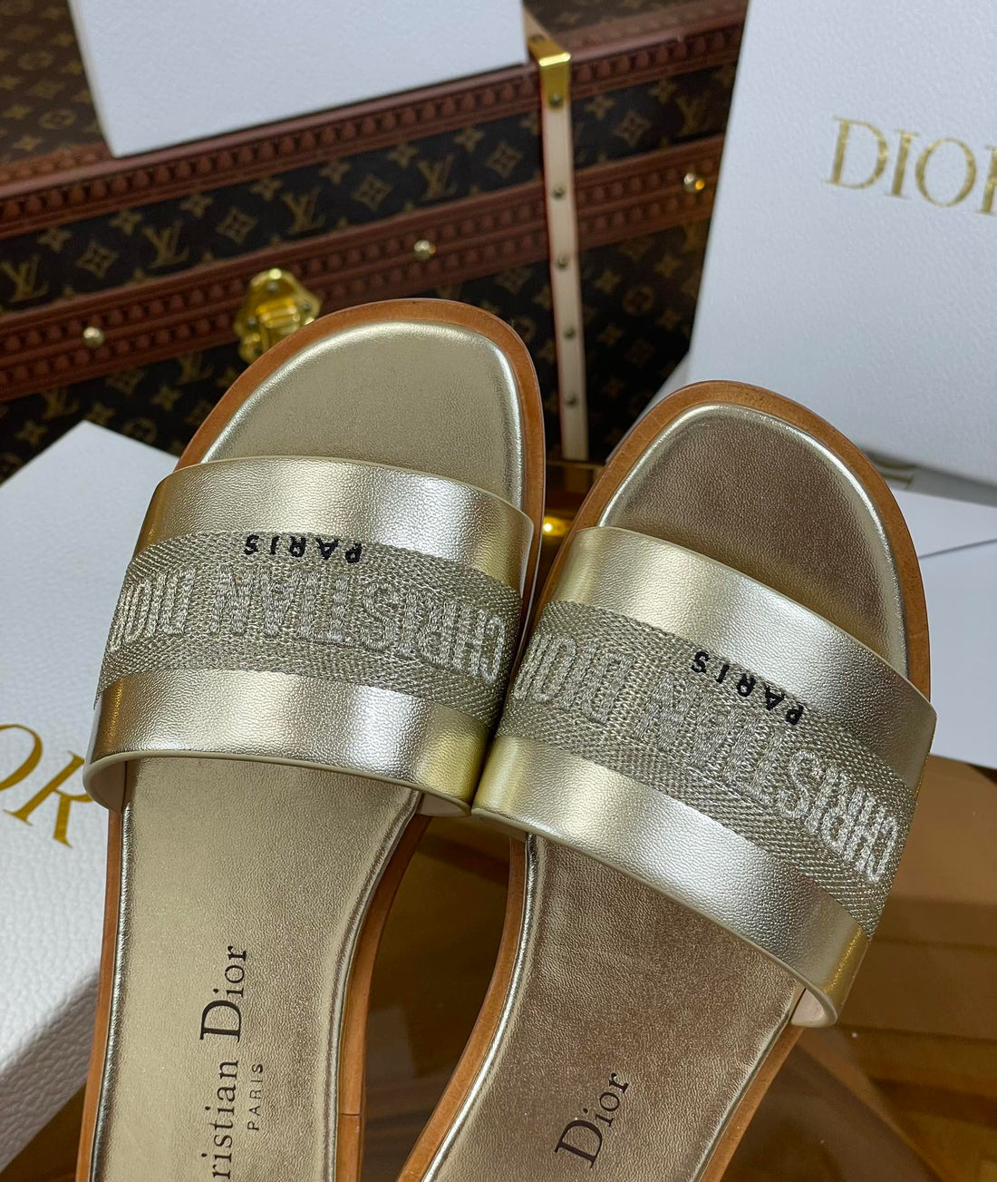 CD Slide Gold Metalic Calfskin Embroidered Cotton