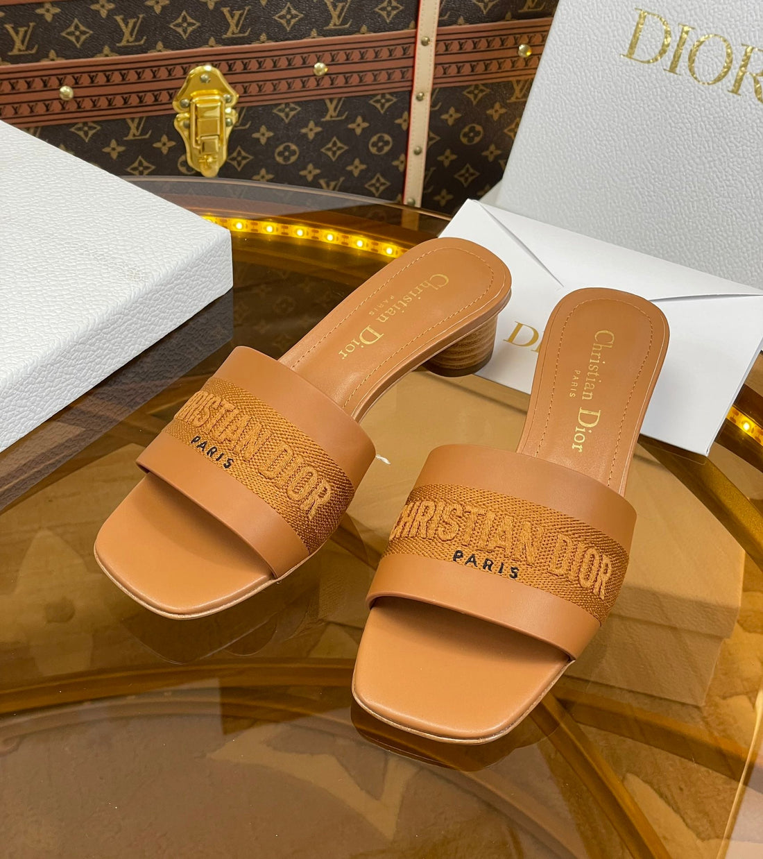 CD Slide 45 Camel Calfskin Embroidered Cotton