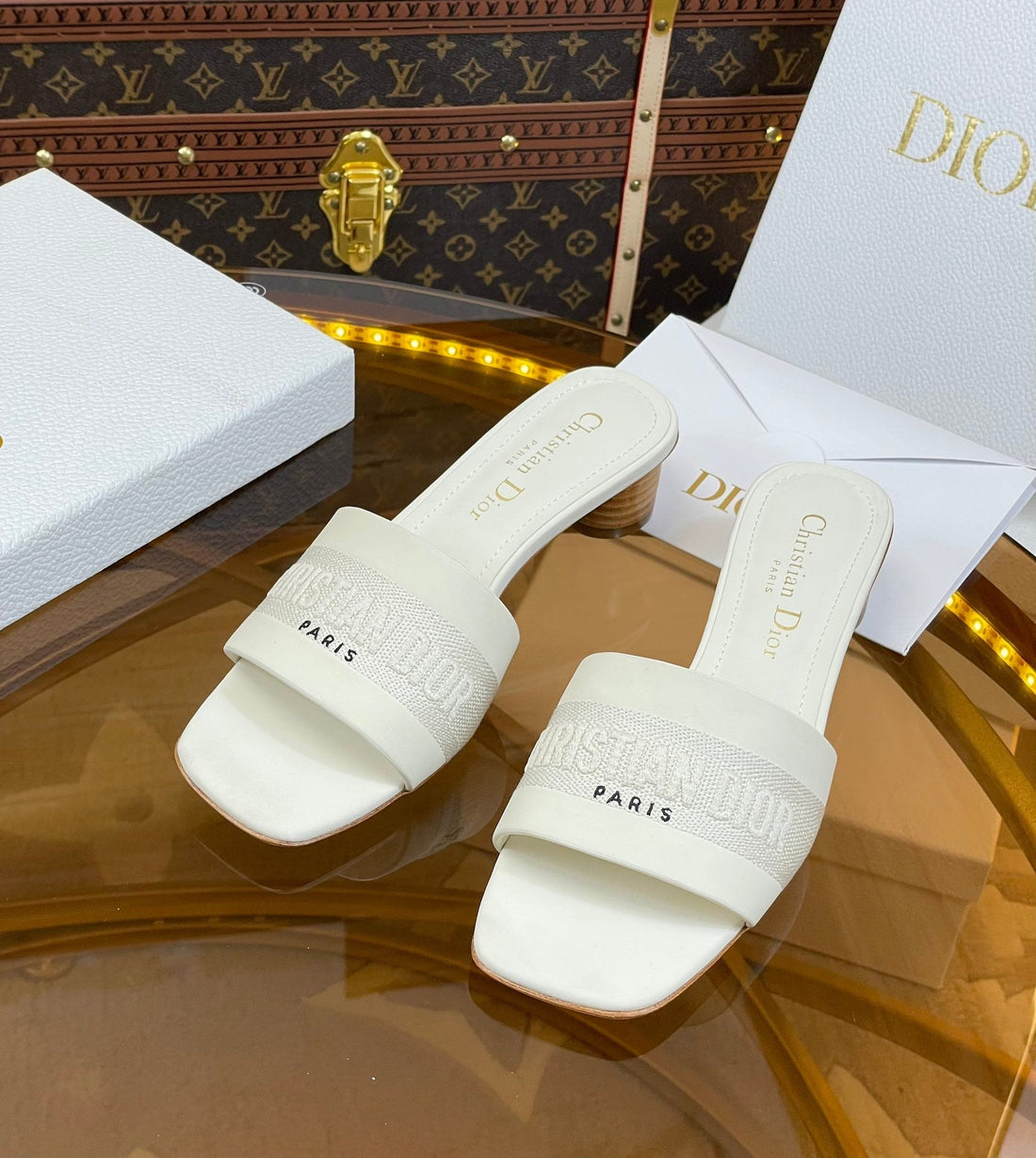 CD Slide 45 White Calfskin Embroidered Cotton