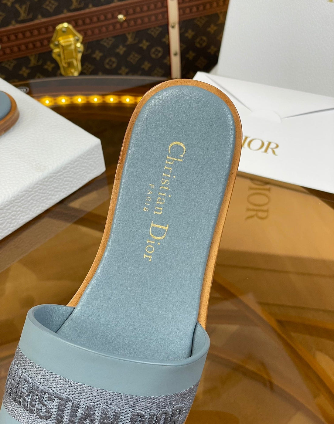 CD Slide Pastel Blue Calfskin Embroidered Cotton