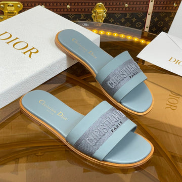 CD Slide Pastel Blue Calfskin Embroidered Cotton