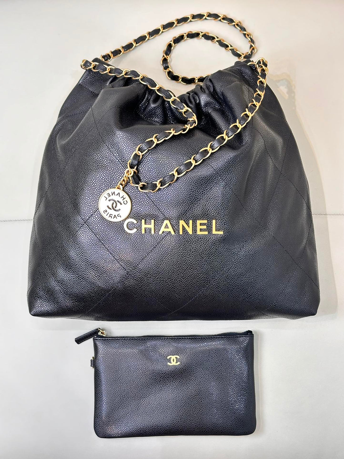 CC 22 Hobo Bag 42CM Black Grained Calfskin Gold Hardware