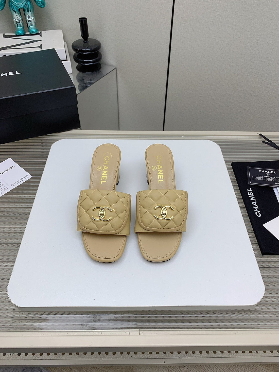 CC Mule Sandals 50MM In Beige Quilted Lambskin 148946