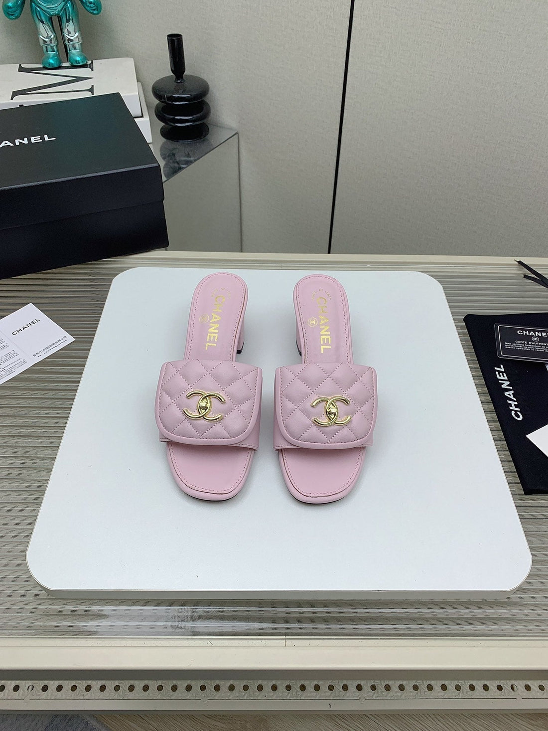 CC Mule Sandals 50MM In Light Pink Quilted Lambskin 148948