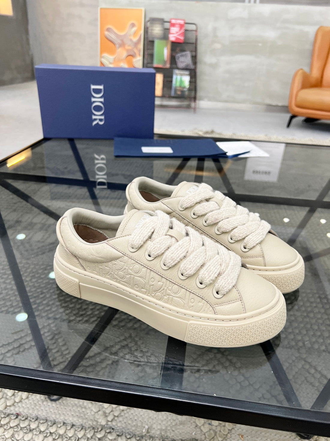 CD B33 Sneaker Beige Embossed Calfskin