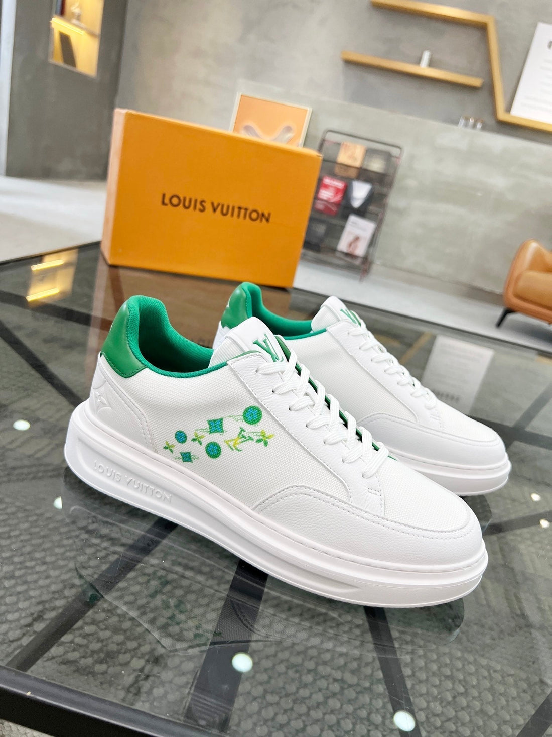 Beverly Hills Trainers White Mix Cool Green Calfskin And Mesh Fabric