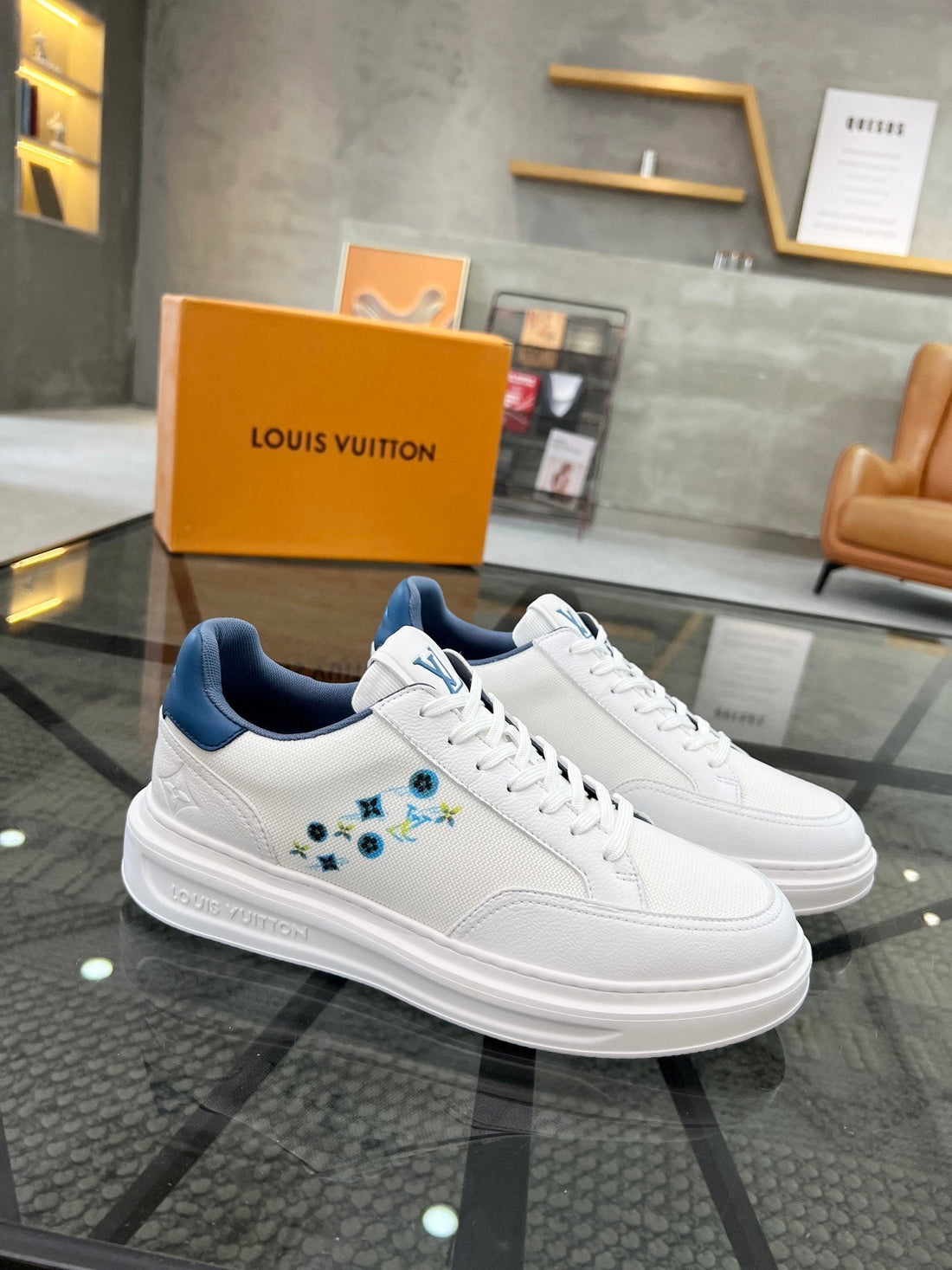 Beverly Hills Trainers White Mix Denim Blue Calfskin And Mesh Fabric
