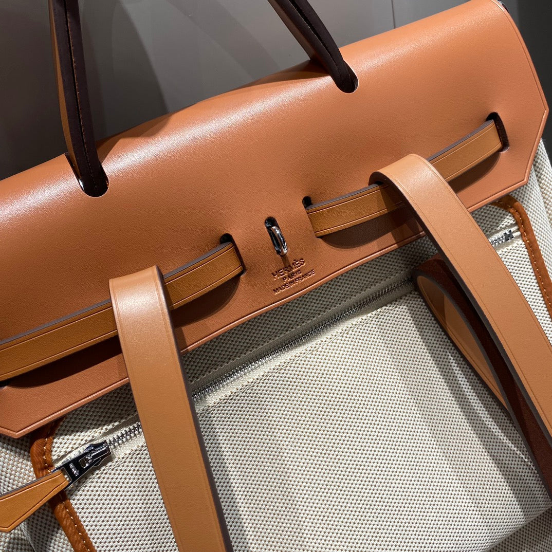 Herbag A Dos Zip Retourne Backpack 29 In Off-White Canvas And Brown Calfskin