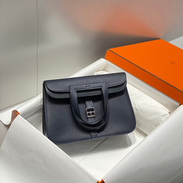 Halzan 25 Handle Bag In Navy Blue Grained Calfskin