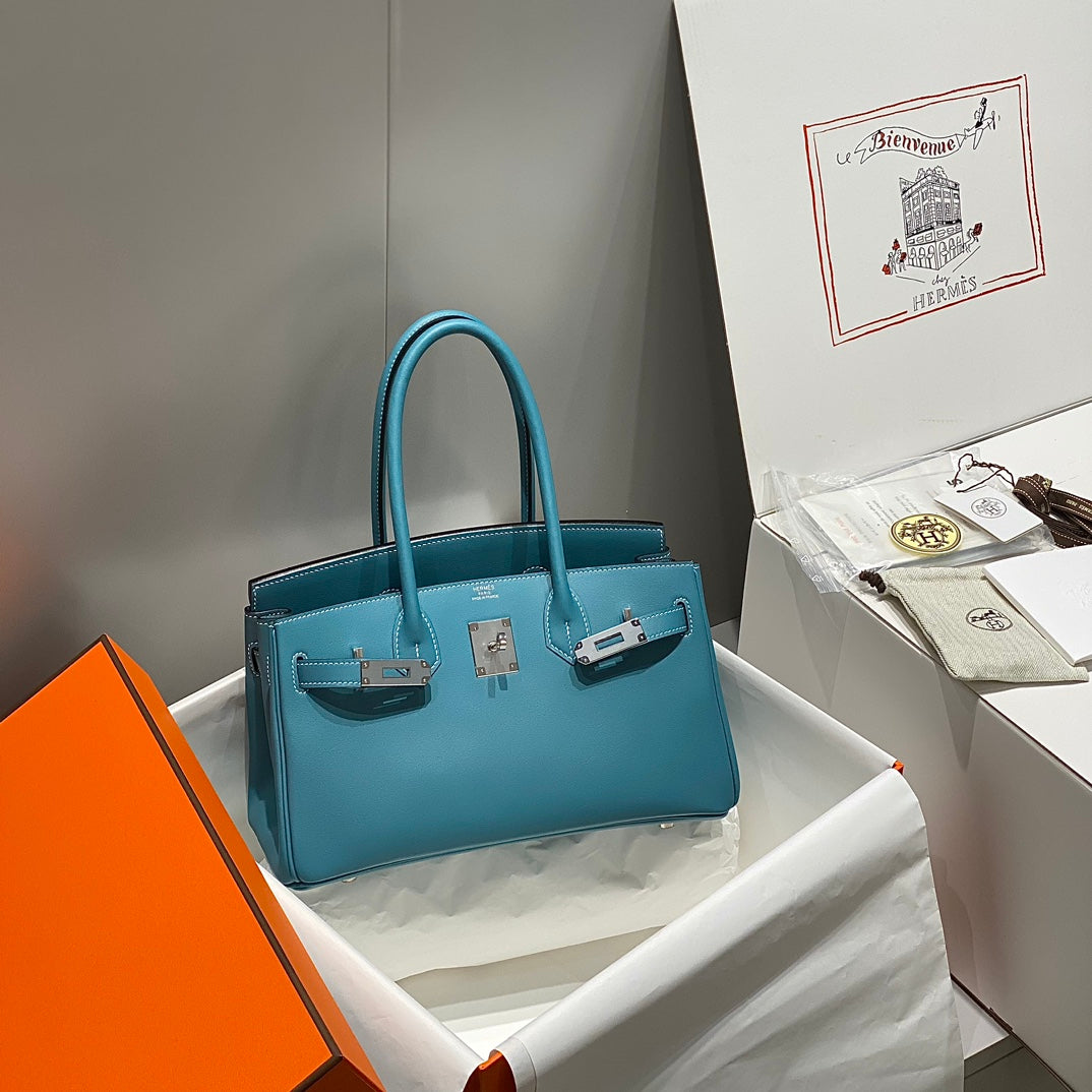 HM Shoulder Birkin 29CM Blue Denim Swift Leather Silver Hardware