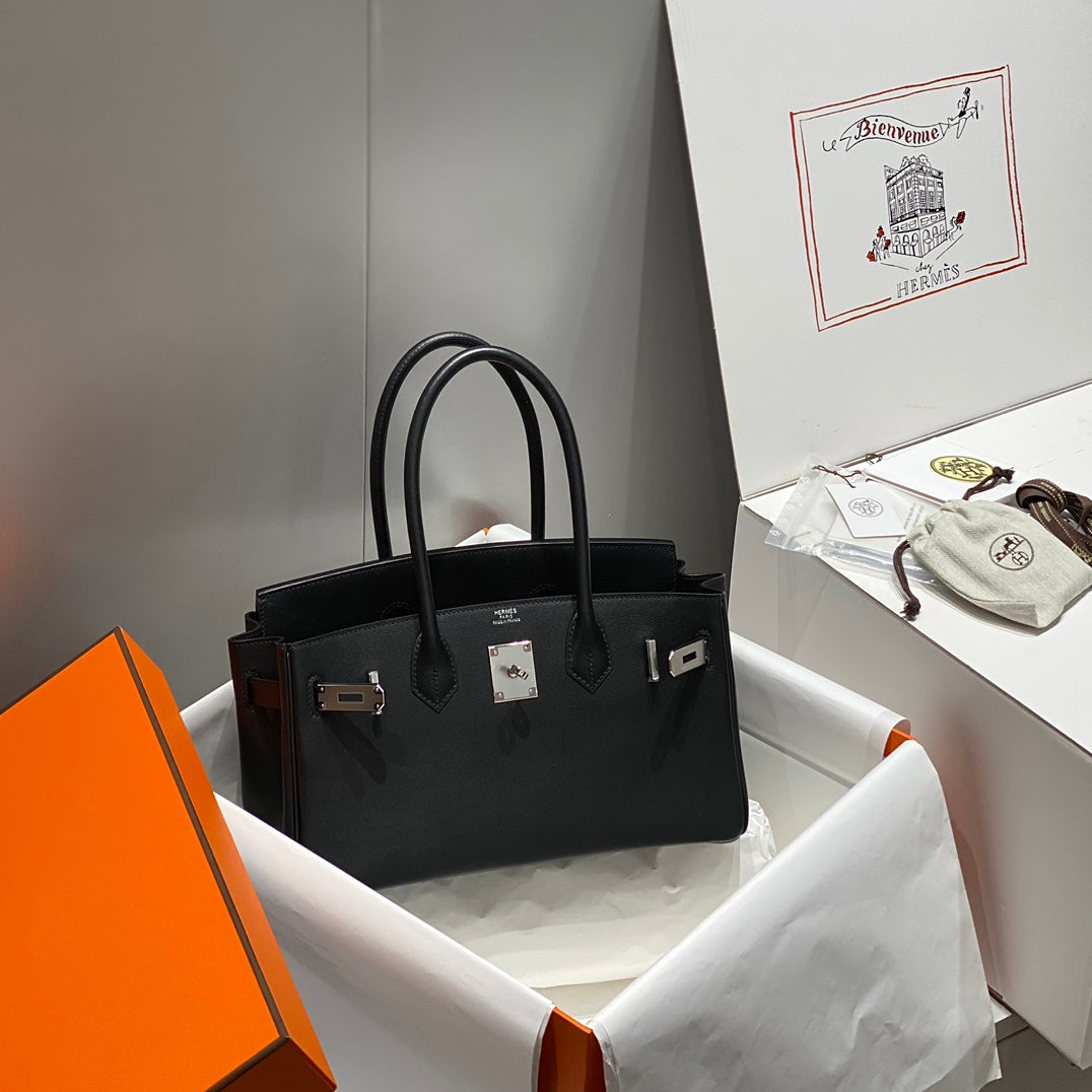 HM Shoulder Birkin 29CM Black Swift Leather Silver Hardware