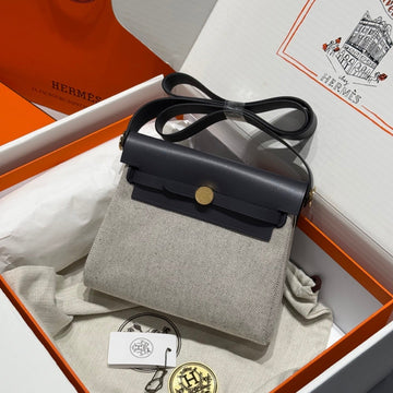 HM Mini Herbag Gold Buckle 20 Beige Grey Canvas And Hunter Cowhide 243285