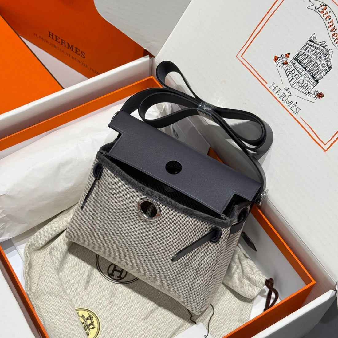 HM Mini Herbag Silver Buckle 20 Beige Grey Canvas And Hunter Cowhide 243290