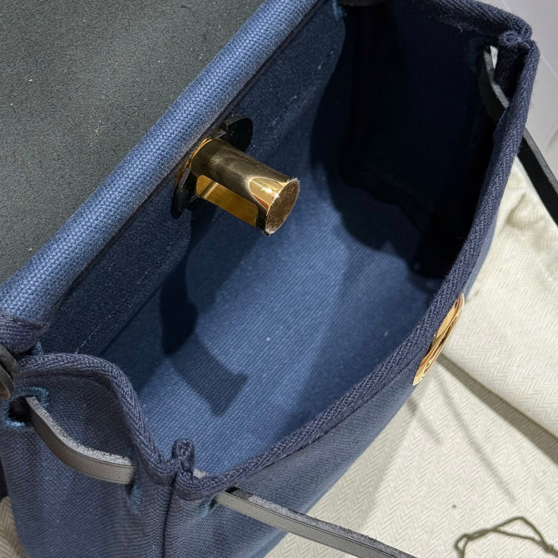HM Mini Herbag Gold Buckle 20 Navy Blue Canvas And Hunter Cowhide 243255
