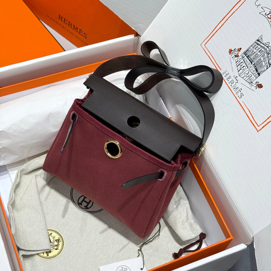 HM Mini Herbag Gold Buckle 20 Burgundy Canvas And Hunter Cowhide 243365