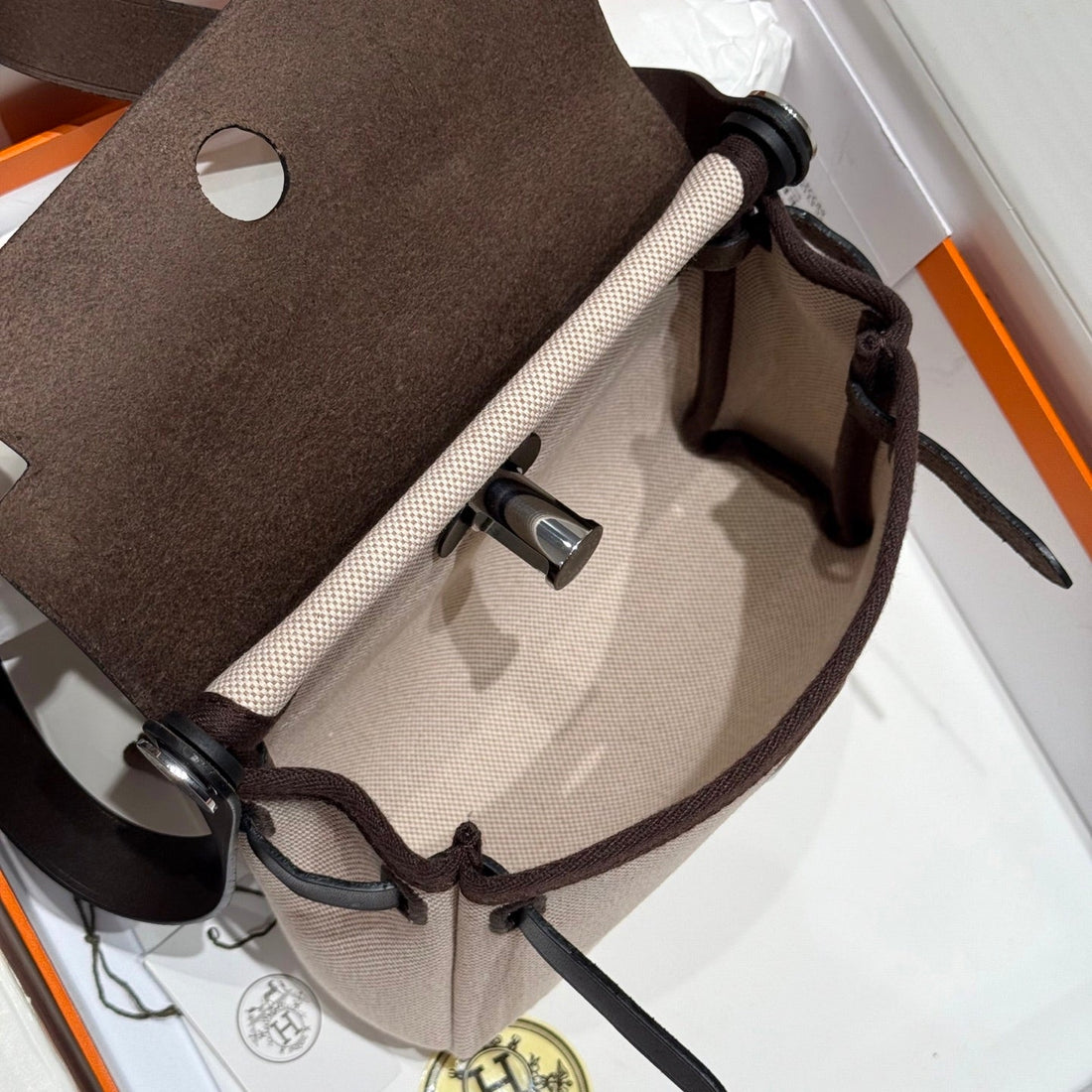 HM Mini Herbag Silver Buckle 20 Beige Canvas And Hunter Cowhide 243241
