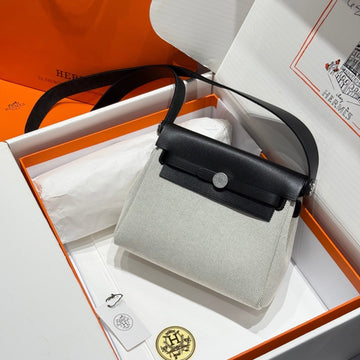 HM Mini Herbag Silver Buckle 20 Ecru White Canvas And Hunter Cowhide 243231