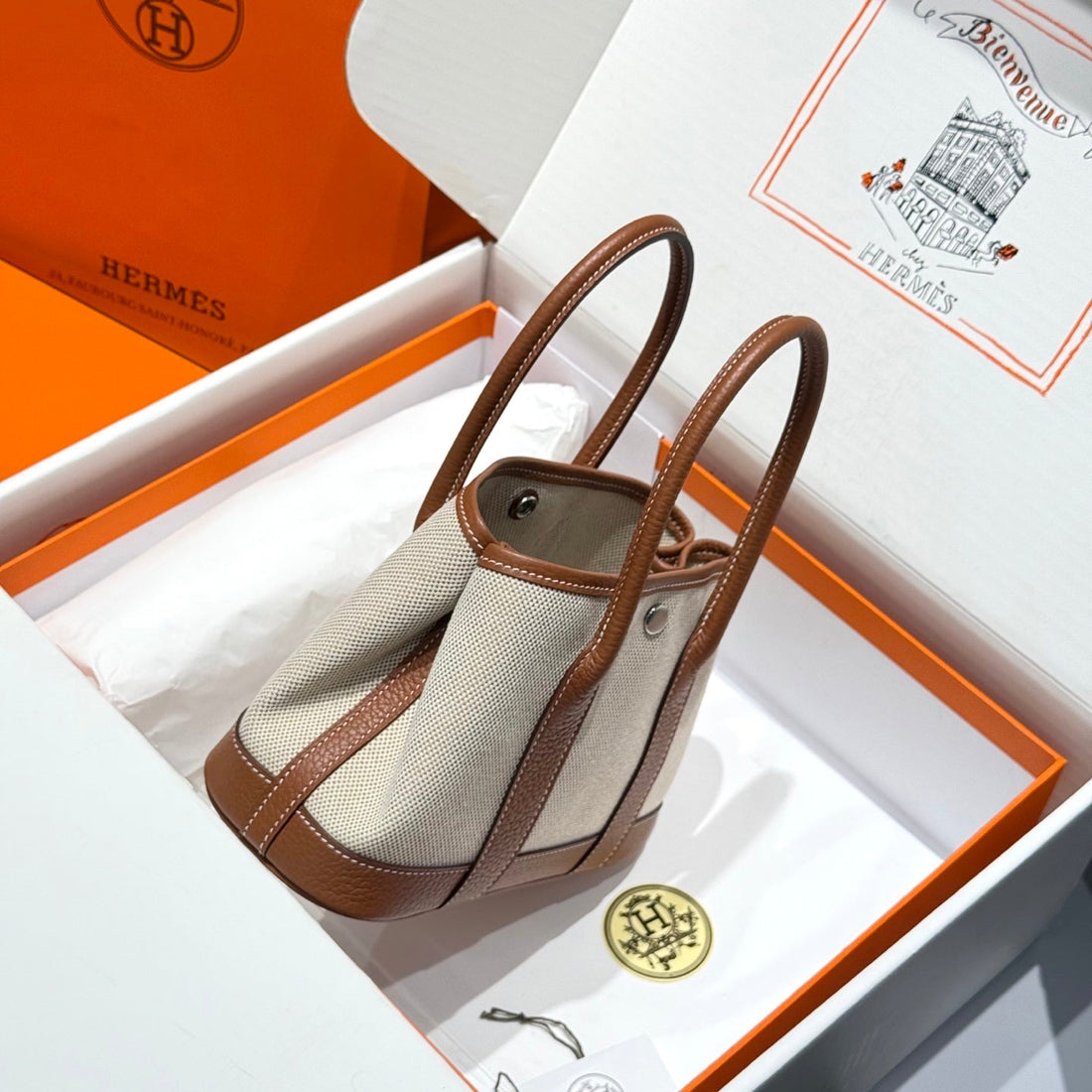 HM Garden Party Mini 23CM Bag Gold Togo Cream Canvas