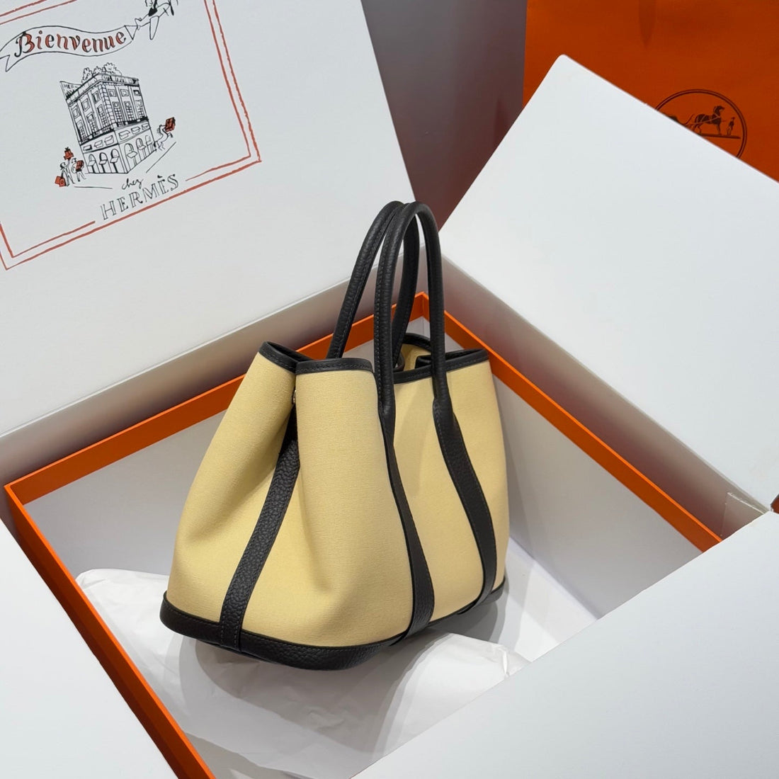 HM Garden Party 30CM Bag Black Togo Light Beige Canvas