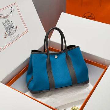 HM Garden Party 30CM Bag Chocolate Togo Blue Canvas