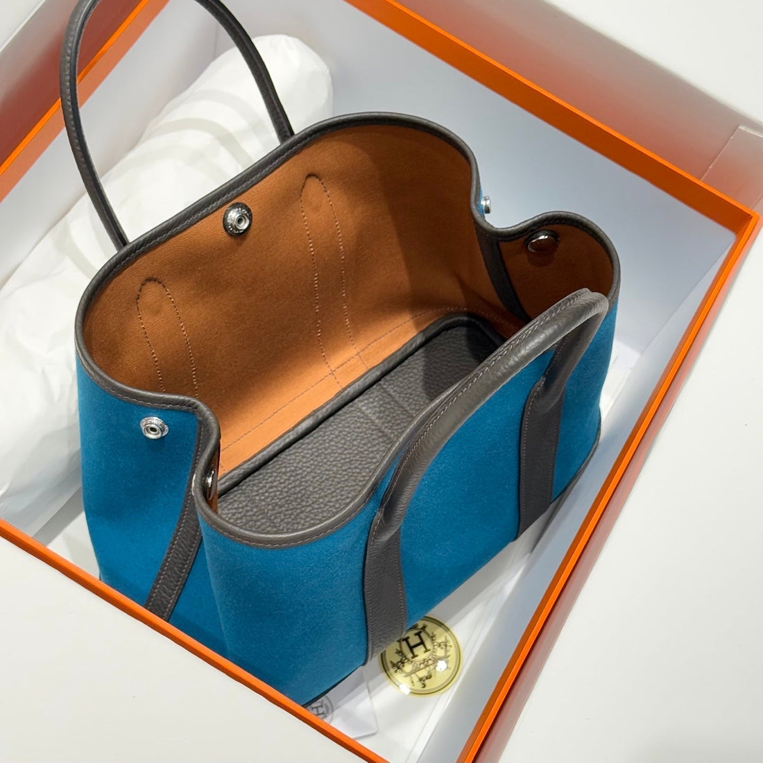 HM Garden Party 30CM Bag Chocolate Togo Blue Canvas