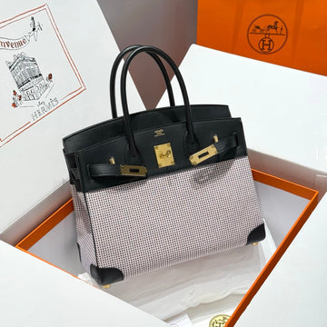 HM Birkin 30CM Black Swift Leather Pink Canvas Gold Hardware