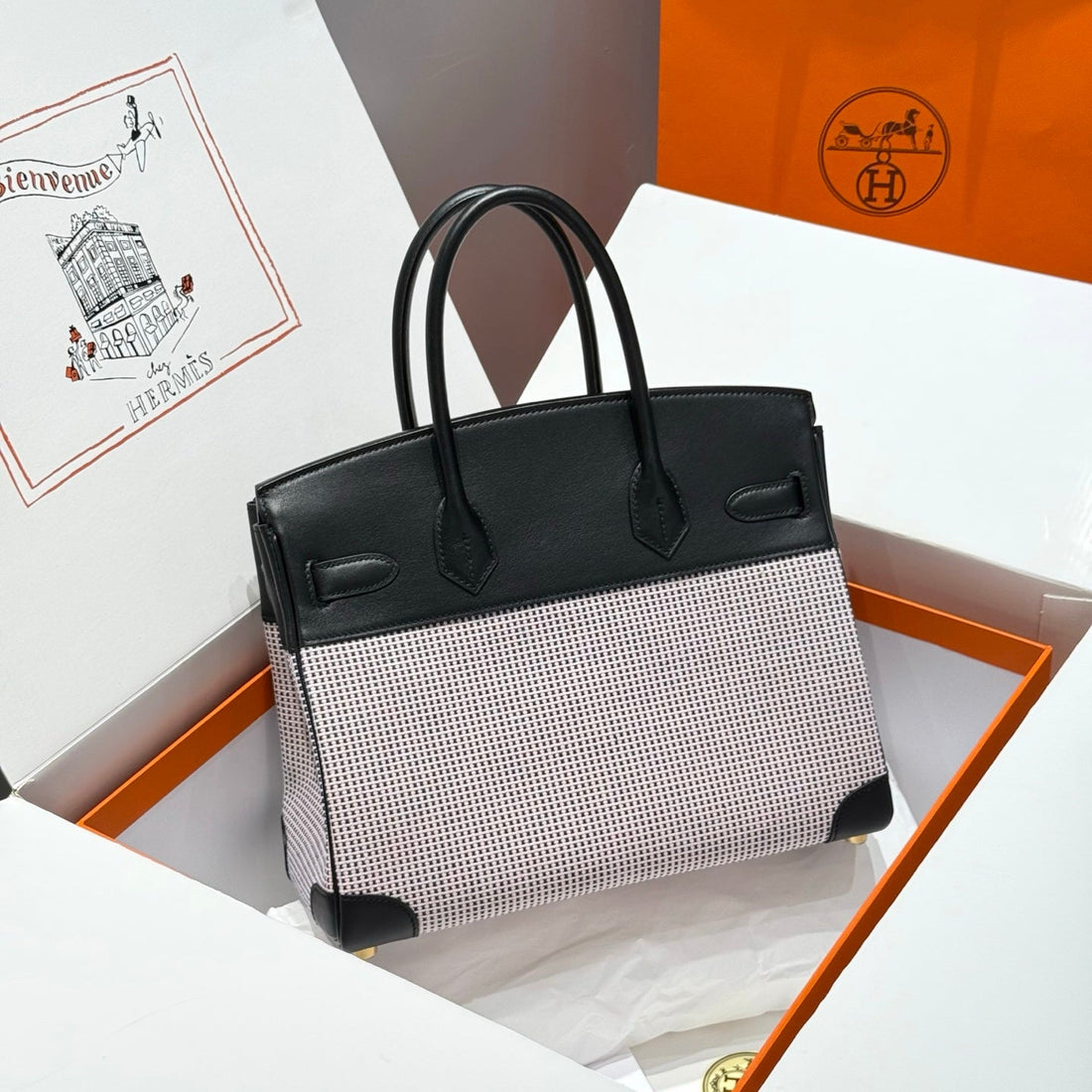 HM Birkin 30CM Black Swift Cowhide With Waffle Light Pink Canvas Fabric Ghw 249973