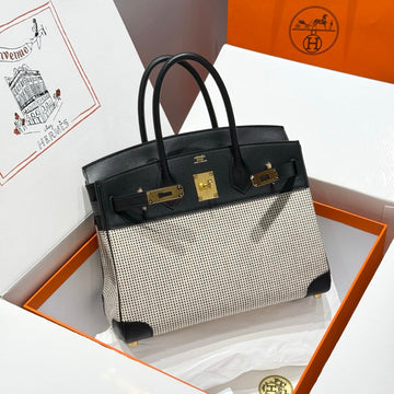 HM Birkin 30CM Black Swift Leather Dark Grey Canvas Gold Hardware