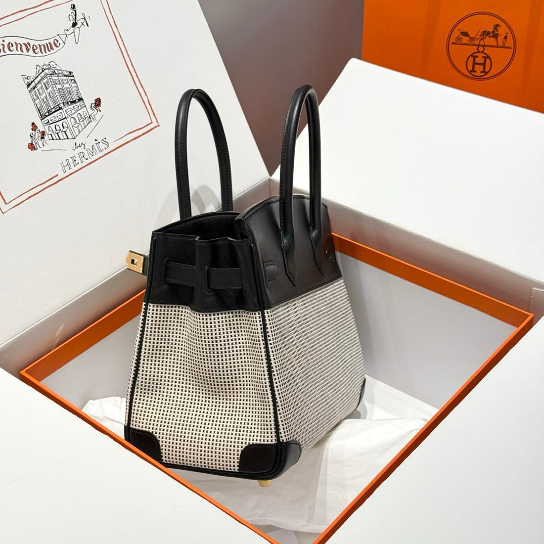 HM Birkin 30CM Black Swift Cowhide With Waffle Panda Black And White Canvas Fabric Ghw 249974