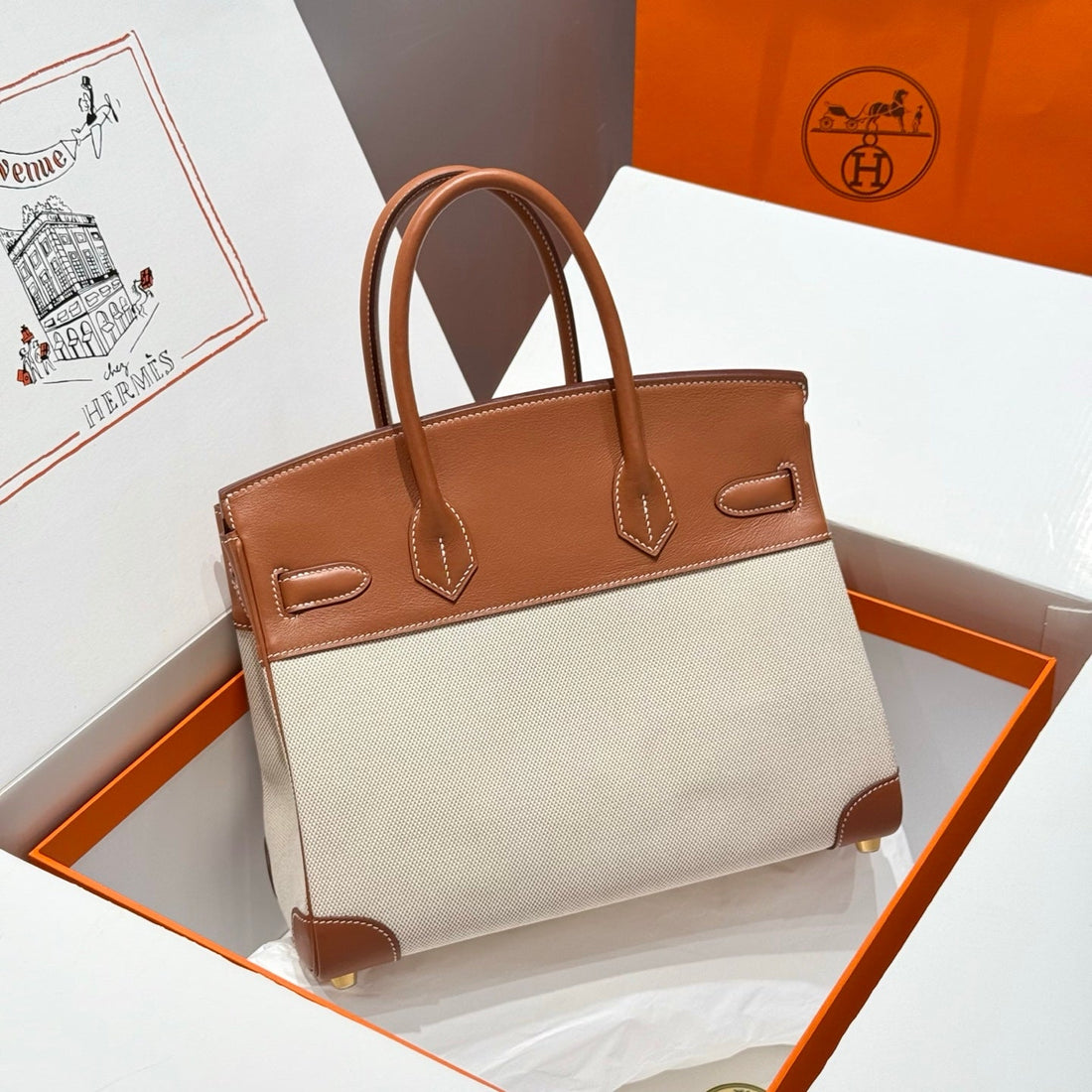 HM Birkin 30CM Golden Brown Swift Cowhide With Horse Totem Beige Canvas Fabric Ghw 249975