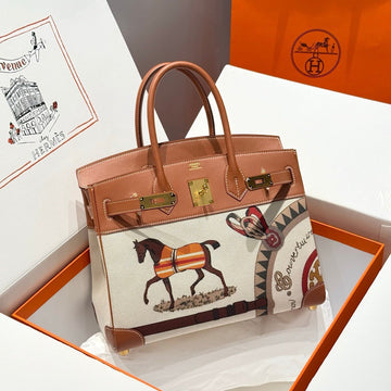 HM Birkin 30CM Golden Brown Swift Cowhide With Horse Totem Beige Canvas Fabric Ghw 249975