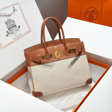 HM Birkin 30CM Golden Brown Swift Cowhide With Beige Canvas Fabric Ghw 249976