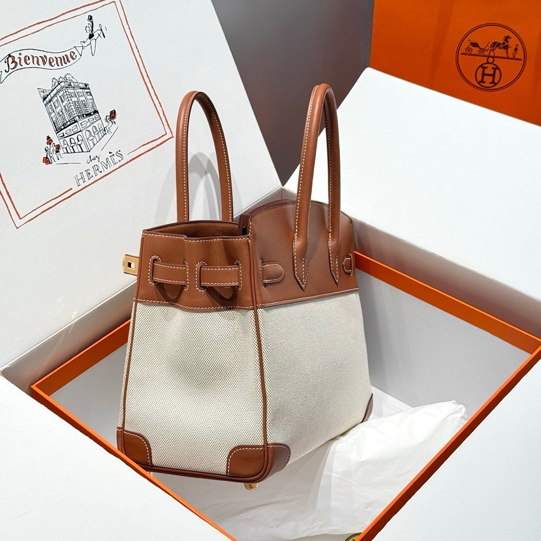 HM Birkin 30CM Golden Brown Swift Cowhide With Beige Canvas Fabric Ghw 249976