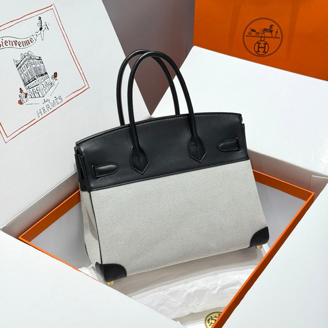 HM Birkin 30CM Black Swift Cowhide With Black White Checkered Canvas Fabric Ghw 249977