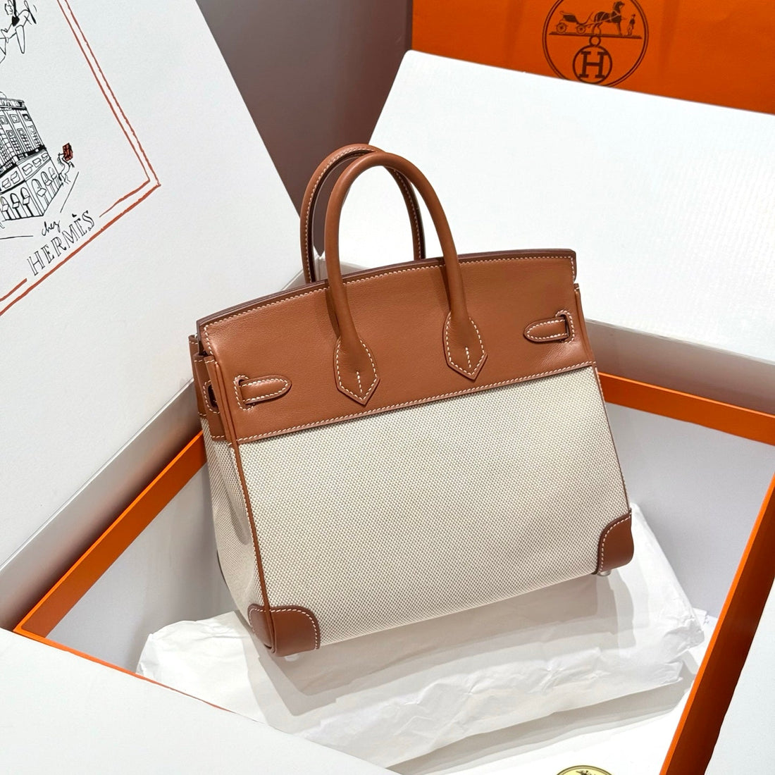 HM Birkin 25CM Golden Brown Swift Cowhide With Beige Canvas Fabric Shw 249989