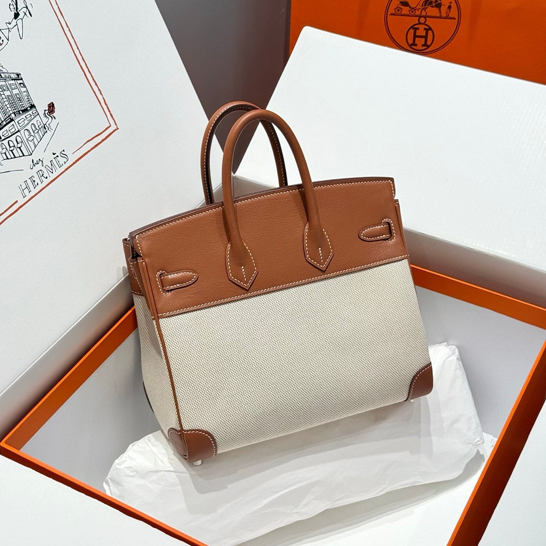 HM Birkin 25CM Golden Brown Swift Cowhide With Horse Totem Beige Canvas Fabric Shw 249990
