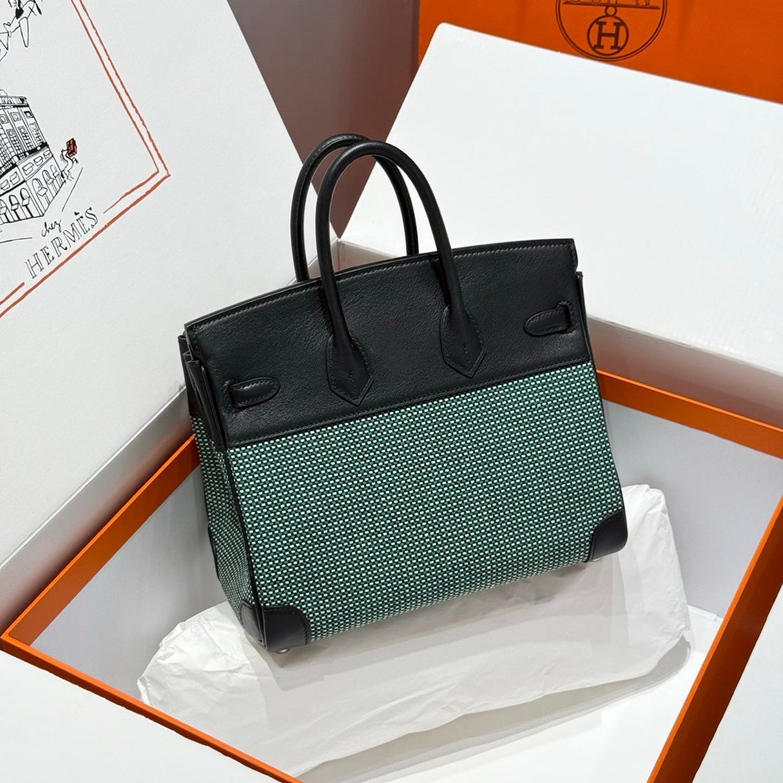 HM Birkin 25CM Black Swift Cowhide With Waffe Forest Green Canvas Fabric Shw 249987