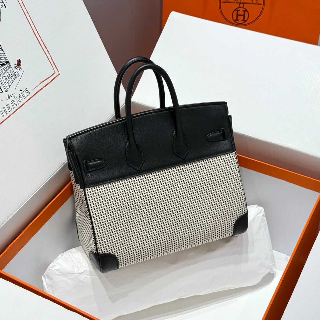HM Birkin 25CM Black Swift Cowhide With Waffle Panda Black And White Canvas Fabric Shw 249985