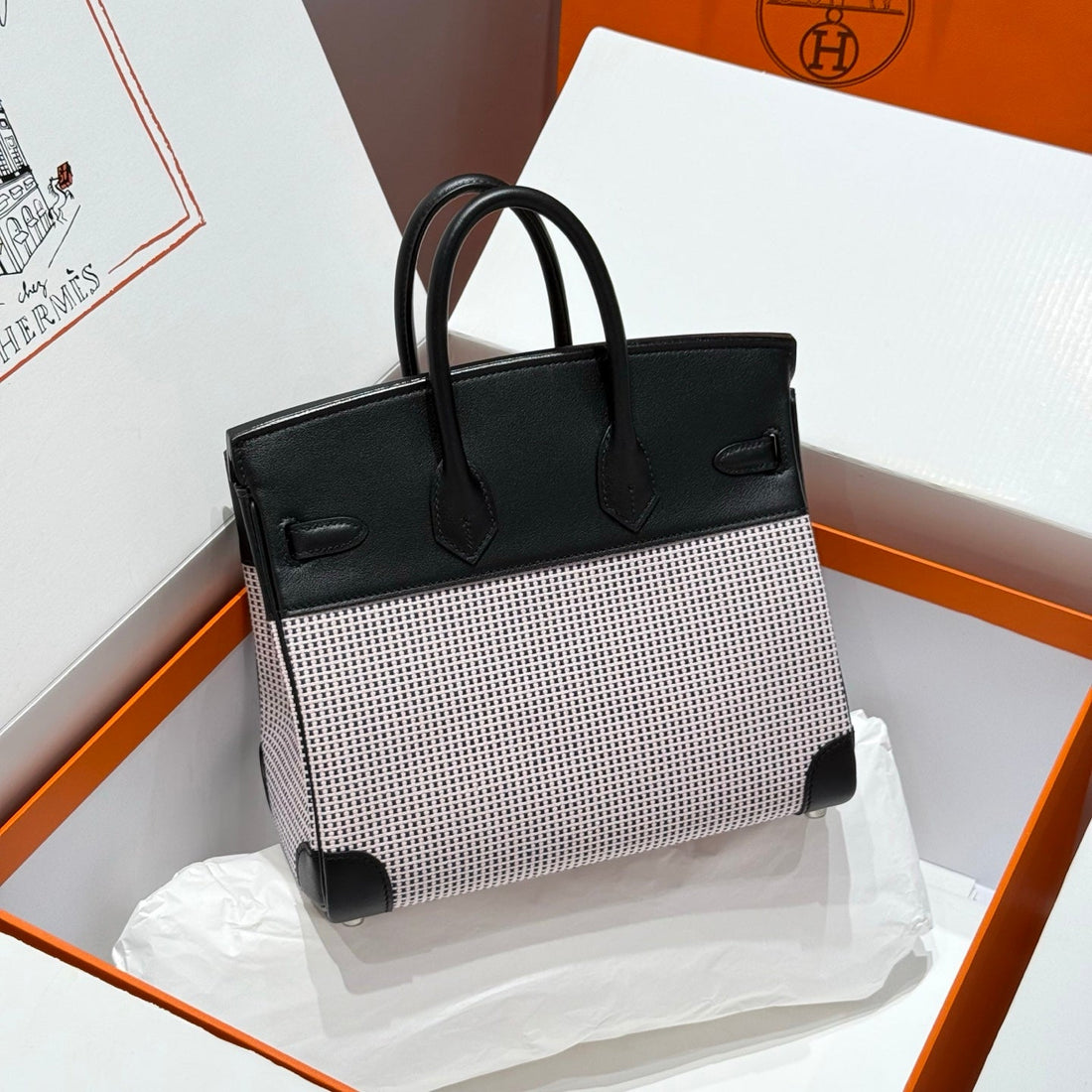 HM Birkin 25CM Black Swift Cowhide With Waffle Light Pink Canvas Fabric Shw 249984