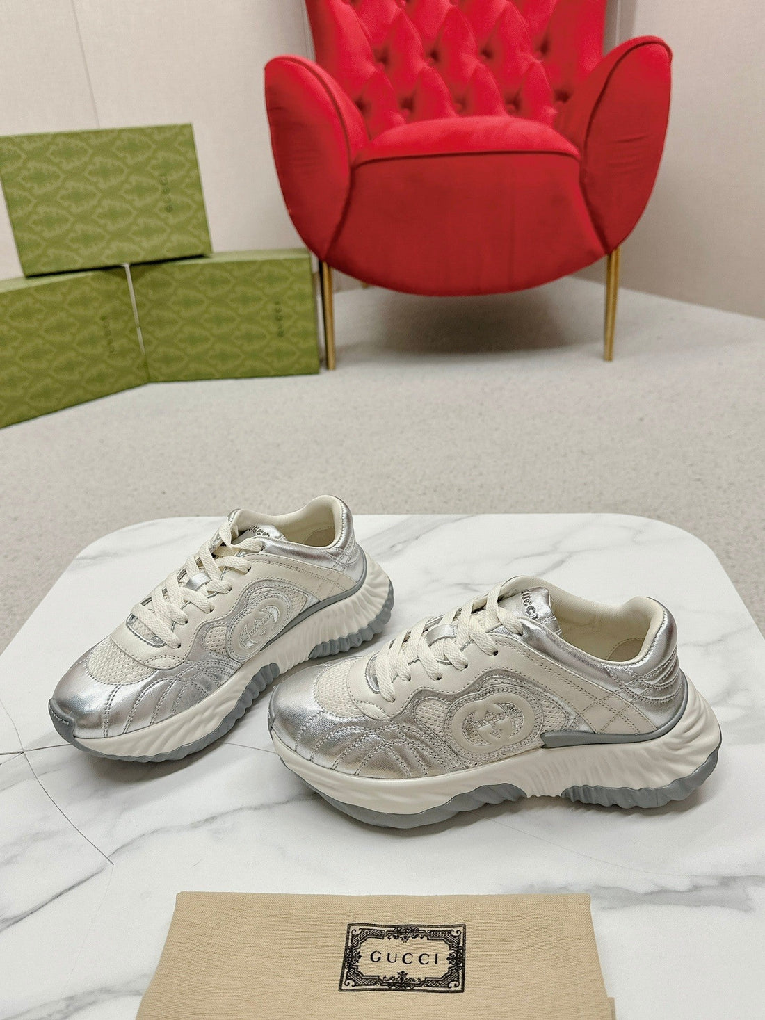 GG Ripple Trainer Light Silver Lambskin