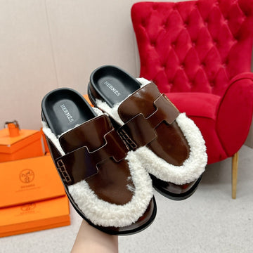 Hm Go Mule Brown White Cowhide Lined With Wool Fleece 476588