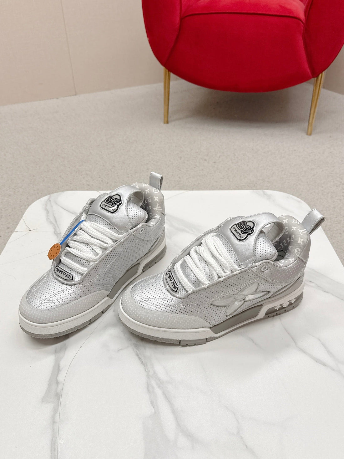 LV Skate Sneakers Silver Metallic And Perforated Calf Leather 528548